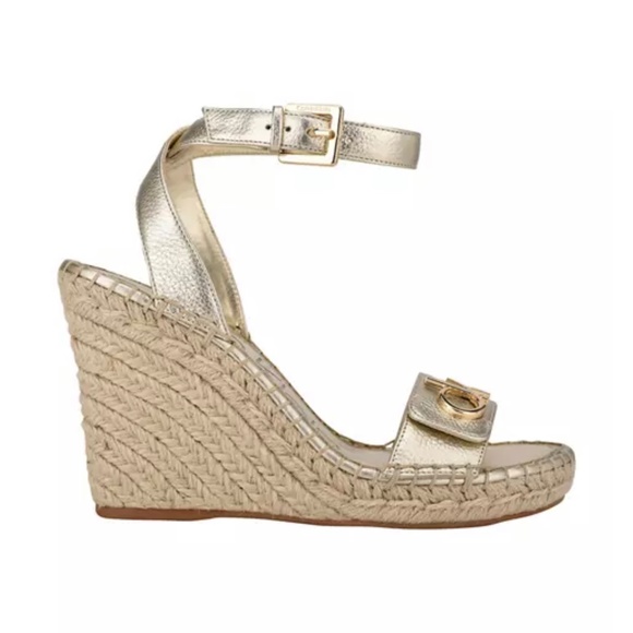 Calvin Klein Karla Gold Leather Espadrille Platform Wedge Slingback Sandals 9.5 - Picture 3 of 13